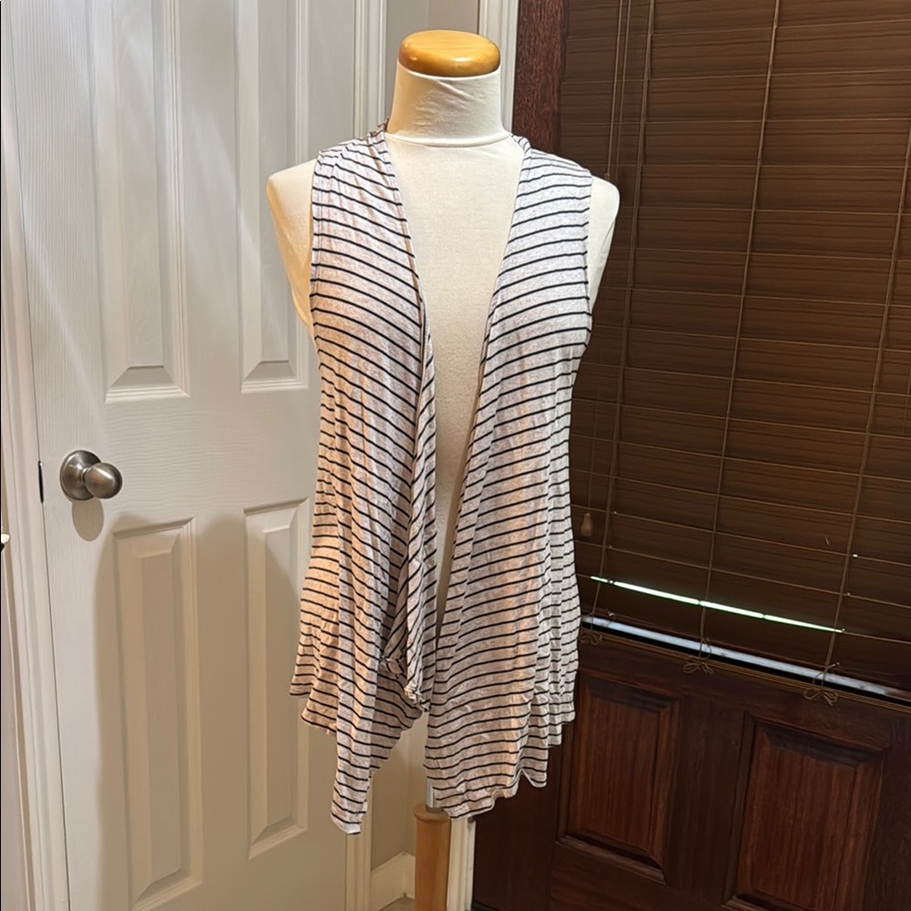 LC Lauren Conrad Cream/Gray and Black Striped Drape Vest with Lace Crochet Back